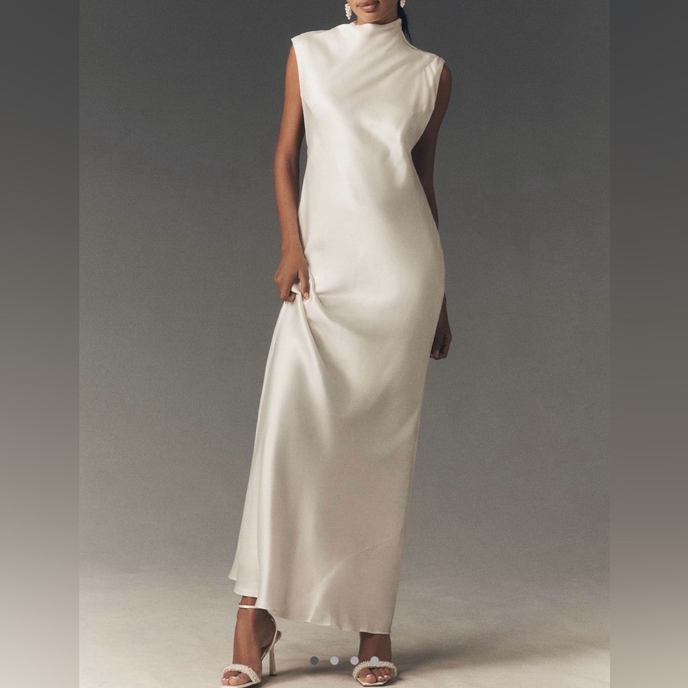 Anthropologie Ivory Satin High-Neck Maxi Dress